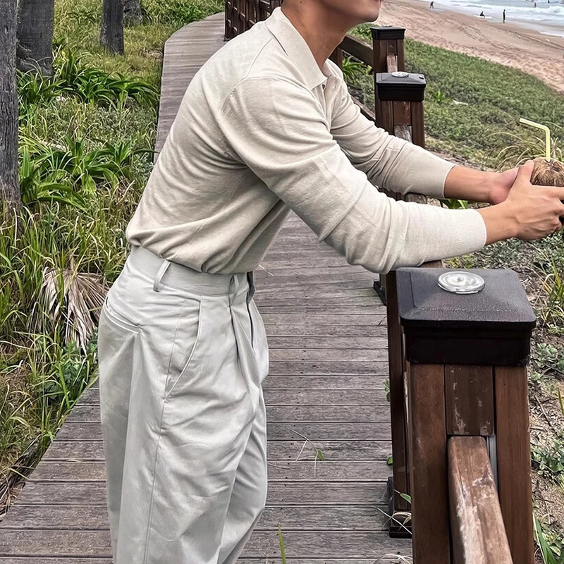 Slim Fit Button-up Turn-down Collar Knit Polo Shirt Fall Fashionable Mens Long Sleeve Polos Trendy Mens Solid Color Polo Shirts 250818