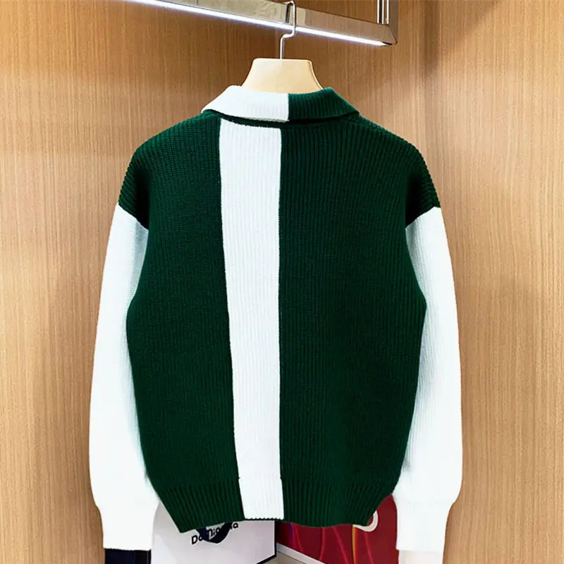 European American Trendy n Colorblocked Lapel Pullover for Men Casual Personalized Thickened Round Neck Sweaters 250819