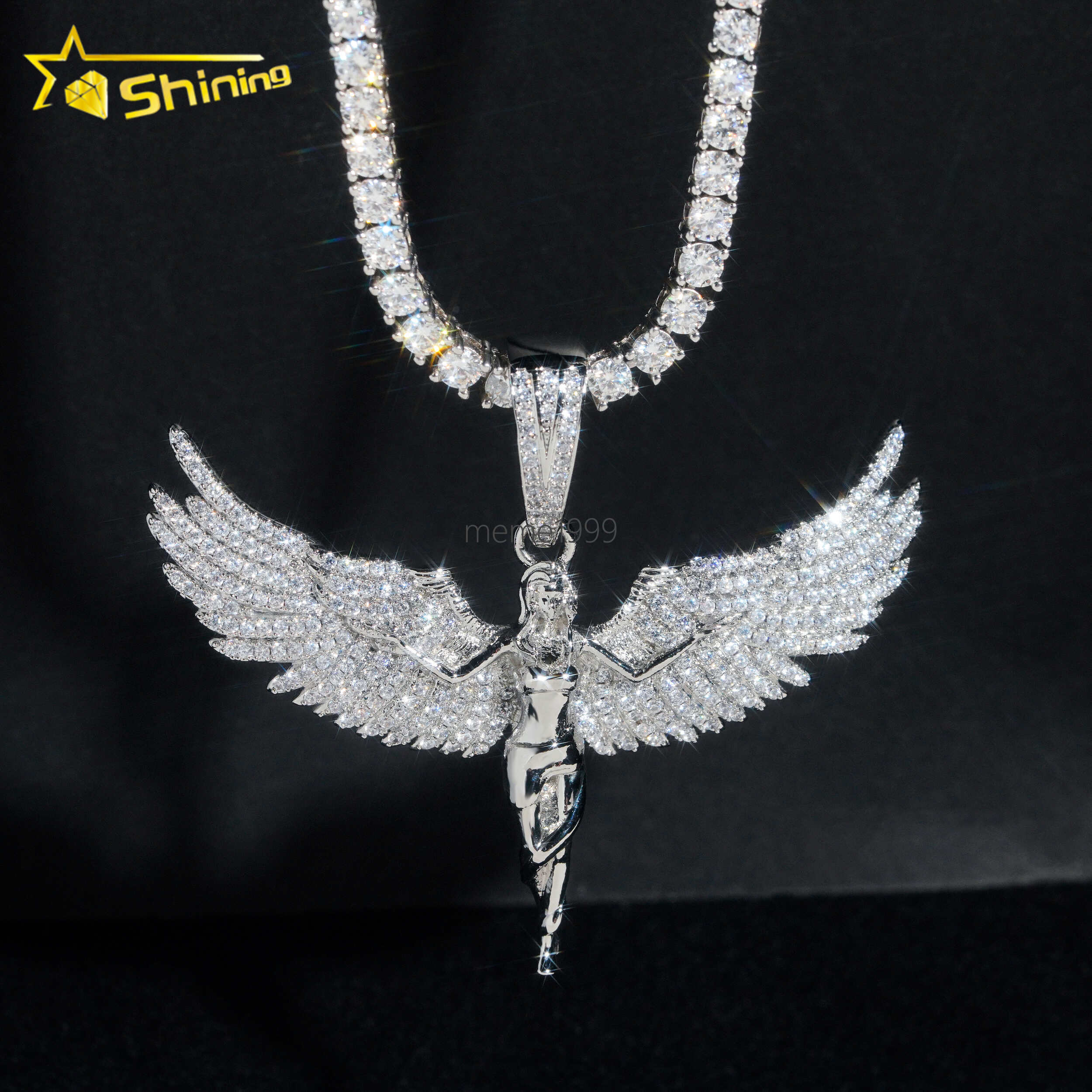 14k White Gold Plated Sterling Silver 925 Hip Hop Diamond Pave Moissanite Iced Out Angel Pendant