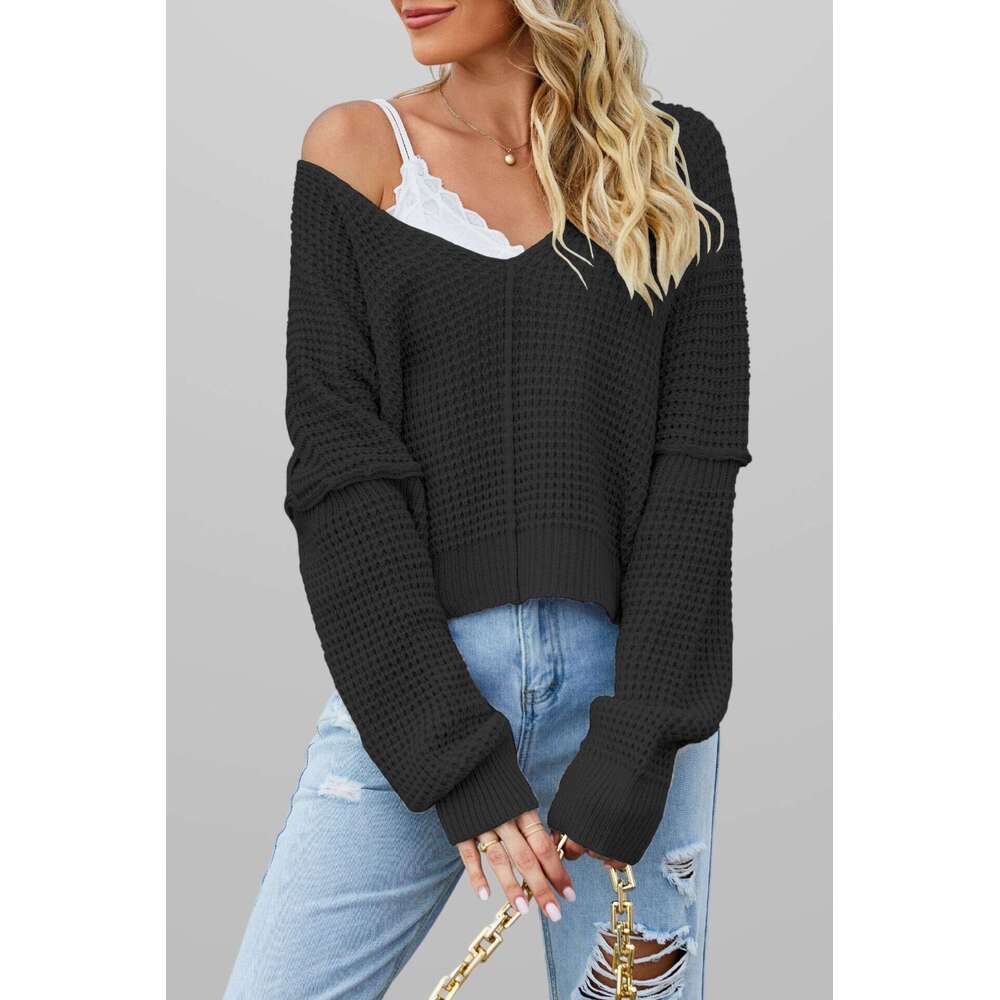 New Off-Shoulder Autumn Winter Women's V-Neck Solid Color Loose Knit Sweater B5