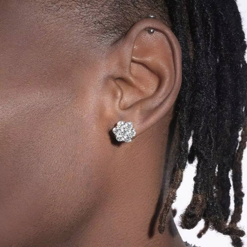 DE Cluster Flower S925 VVS Moissanite Earrings Men Hiphop 925 Sterling Silver Moissanite Stud Earrings with GRA Certificate