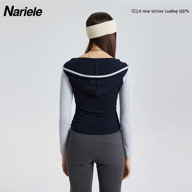 Cotton Thread Embroidery Color-Block Hooded Hot Girl Short Long Sleeve T-Shirt Crop Top For Women B3