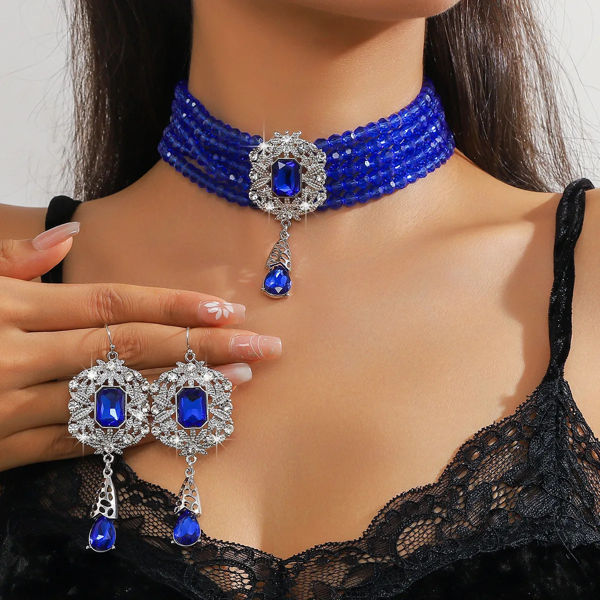 FYUAN Multilayer Green Red Blue Black Crystal Necklace Geometric Hollow Alloy Earrings For Women Weddings Banquet Jewelry Sets 250818