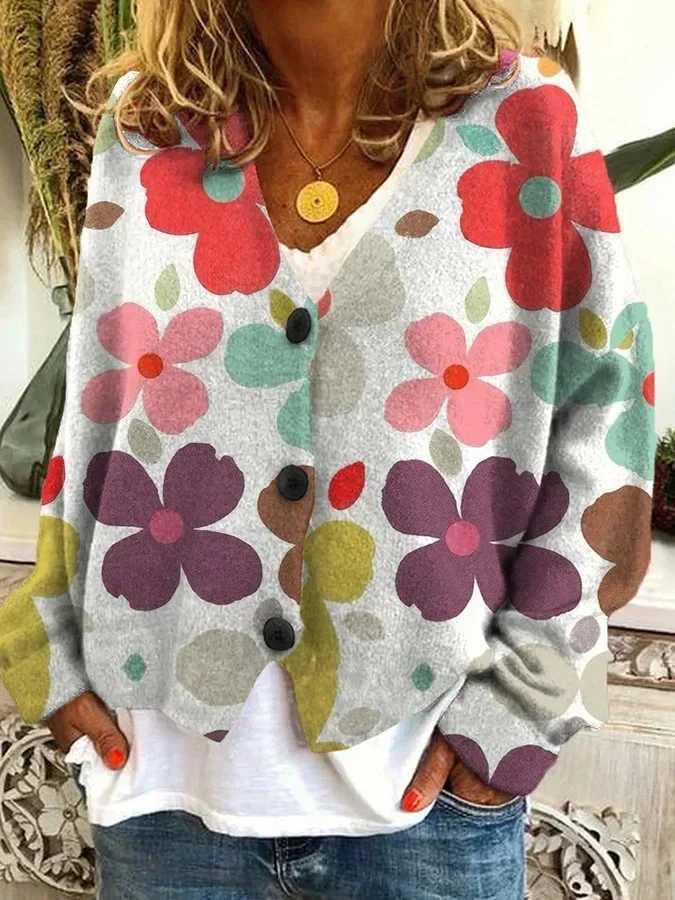 2025 Spring Knitted Women Sweater Print V-neck Long Sleeve Keep Warm Loose Sweaters Fe Summer Casual Trendy Ladies Clothes XJ250819