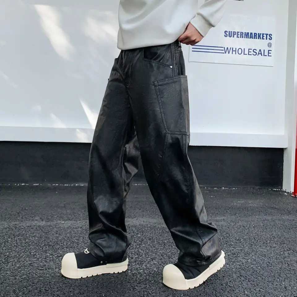 Latest Design Black Cargo Leather Pants Men Wide Leg Loose Fit Trousers Soft Side Pockets Street Pants W250819