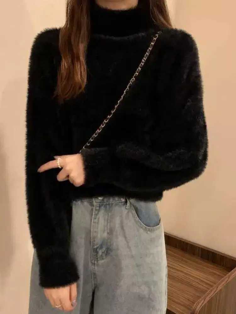 Soft Warm Tops Winter Imitate Mink Wool Hot Fleece Turtleneck Thick Elastic Casual Sweater Women Knitted Pullovers XJ250819