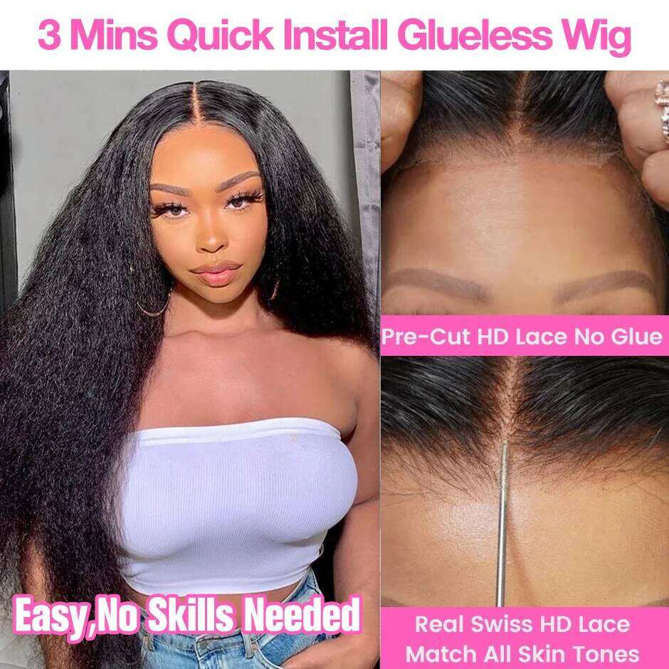Glueless Kinky Front Human Hair Yaki Straight 13X6 Frontal Wig 7X5 HD Transparent Lace Closure Wigs