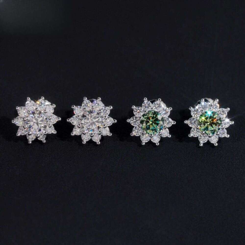 Fine Jewelry Sterling Sier Screw Back Blue Green Moissanite Dia Suower Hip Hop Stud Earrings