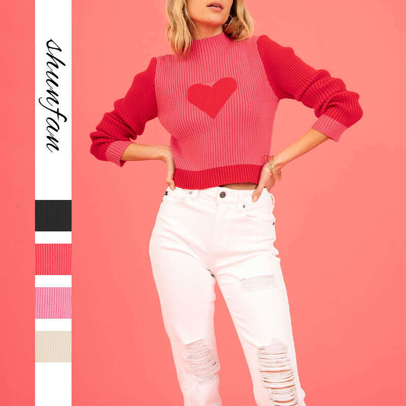 Women's Valentine's Day Autumn Winter High Neck Color Block Heart Peach Slim Sweater B5