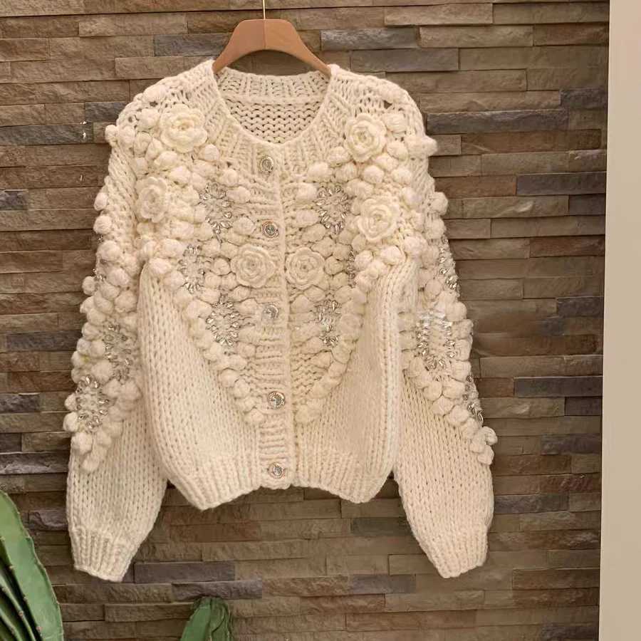 Handmade Bubble Embellished Handmade Cardigan 2024 Winter Women Chunky Sweater Knitwear XJ250819