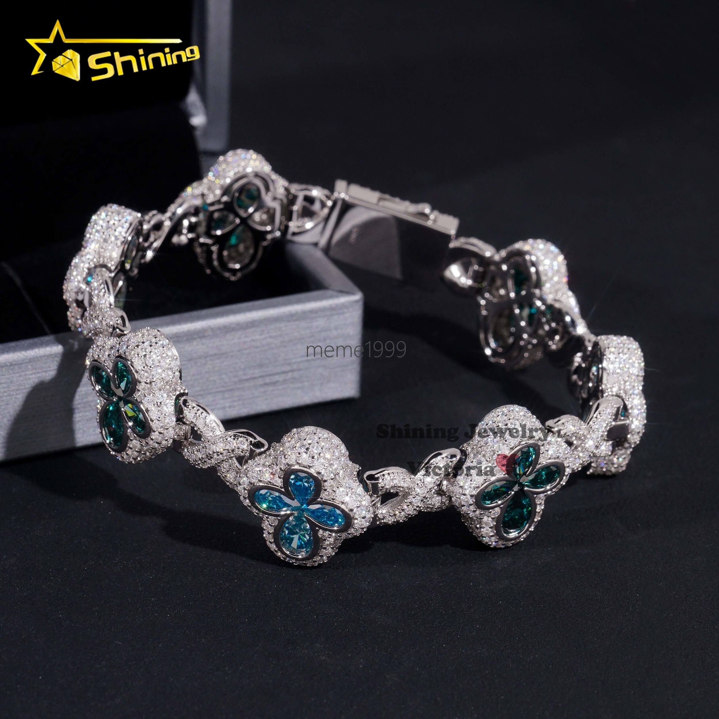 New Arrival Bling Hip Hop Jewelry 925 Sterling Silver Colored Pear Moissanite Diamond Iced Out Clover Infinity Link Bracelet Men