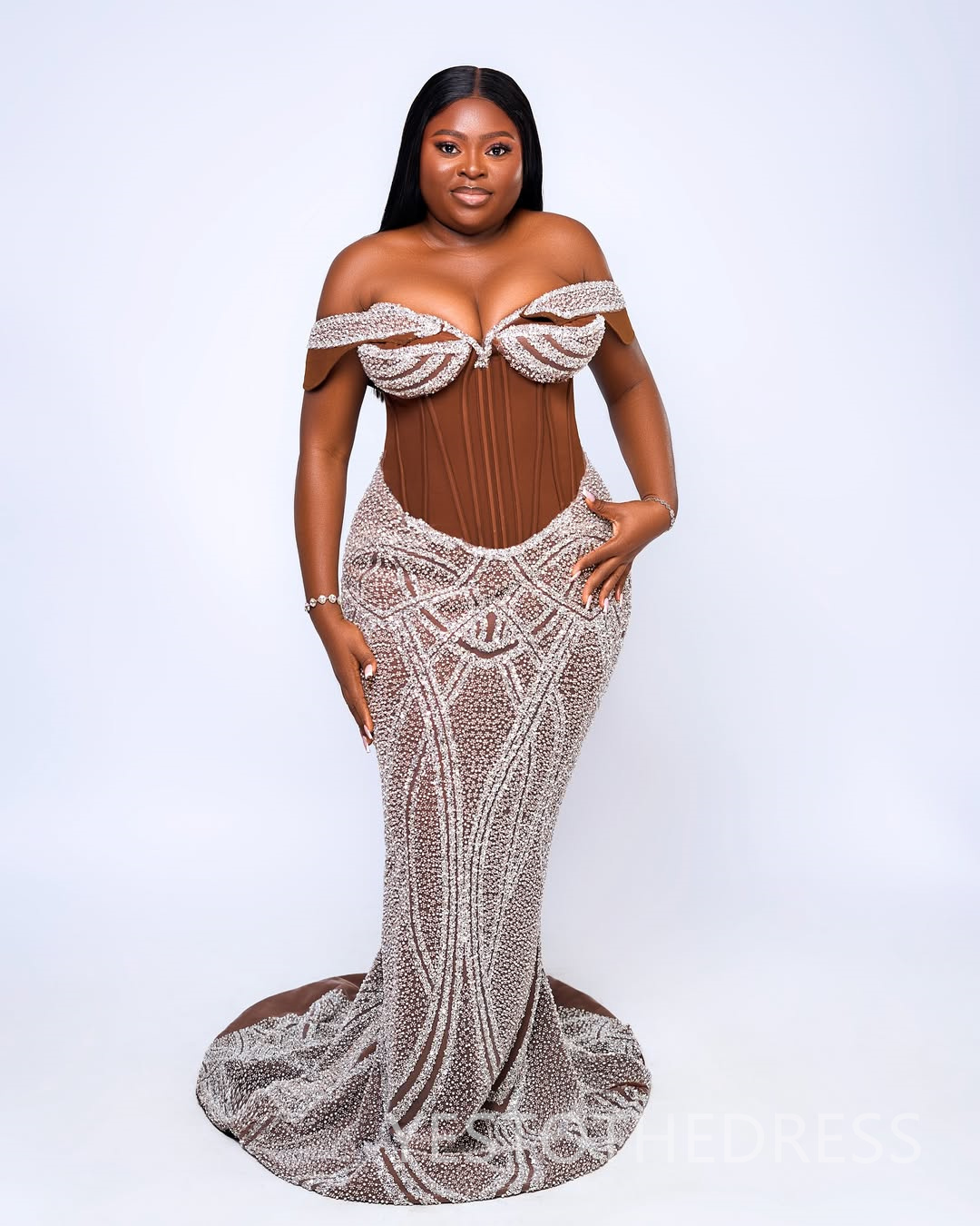 Plus Size Brown Mermaid Prom Dress 2025 Evening Dresses Robe De Sorrie Off Shoulder Beaded Lace Illusion Birthday Dress Second Reception Gowns AM2685