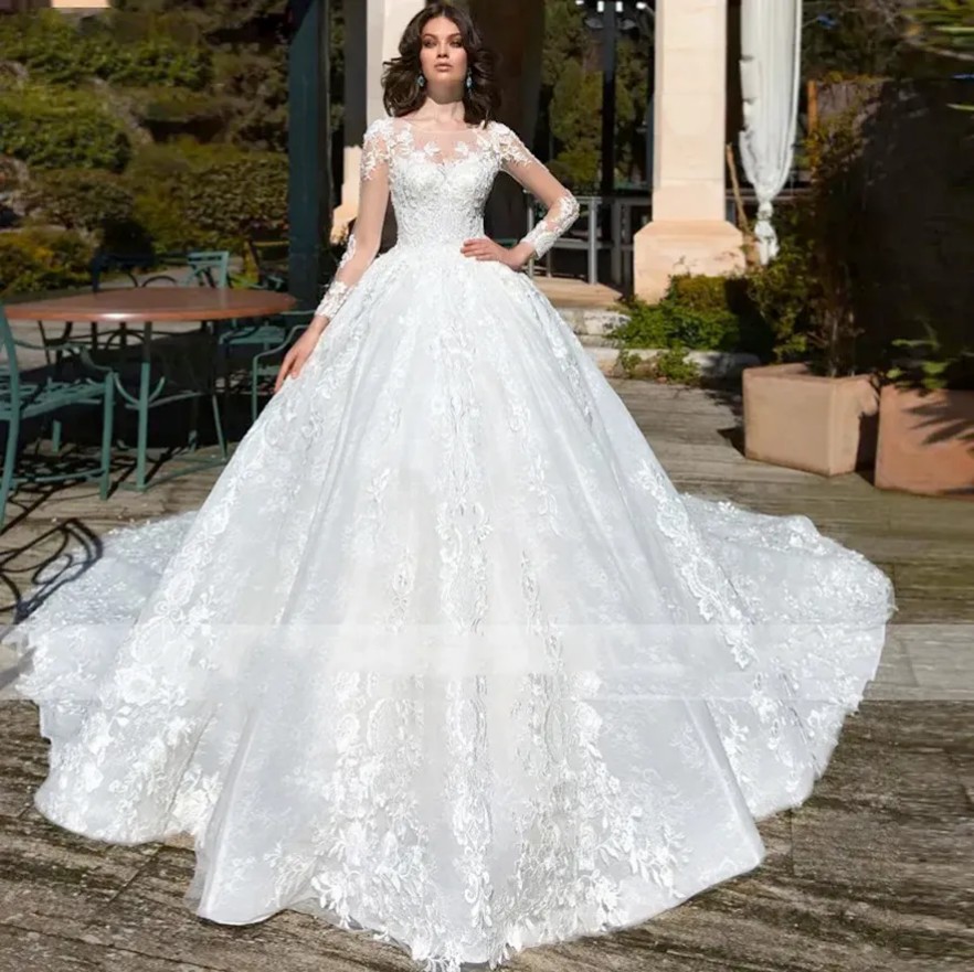 Elegant White Crewneck Tulle Long Sleeve Decal Beaded Bridal Maxi Wedding Dress for Women Cocktail Gown Vestidos De Novia