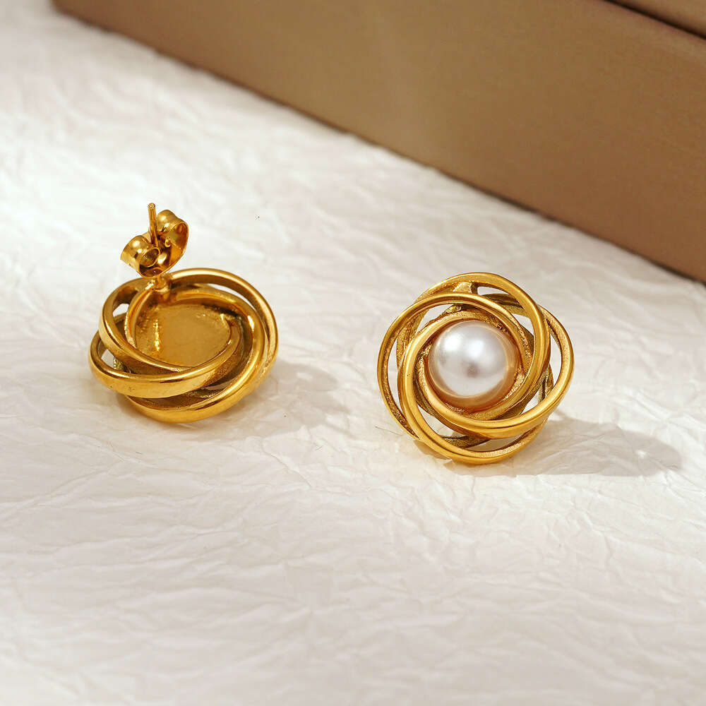 DHpet French Style High-End Minimalist Bird's Nest Pearl Earrings for Women Elegant Light Stainless Steel Wrap