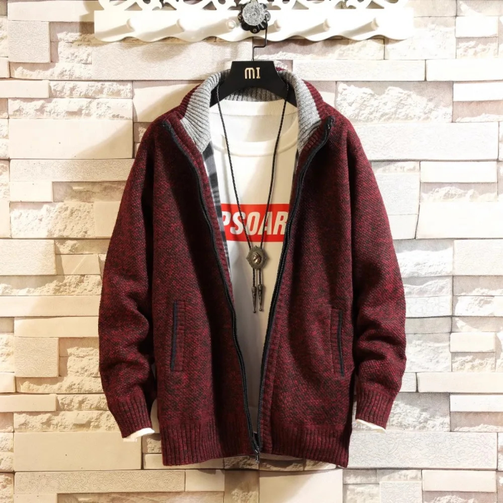 Autumn and Winter Fleece Thicken Large Size Casual Loose Sweater Mens Jacket Standup Collar Cardigans 250819