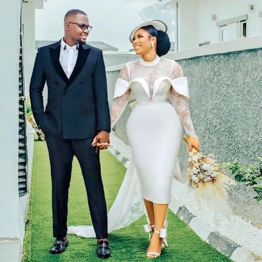 Modern Lace Wedding Dress Sheath HIgh Collar Long Sleeves Short Wedding Gown Backless Lace Up Tea Length Elegant Marriage Dress