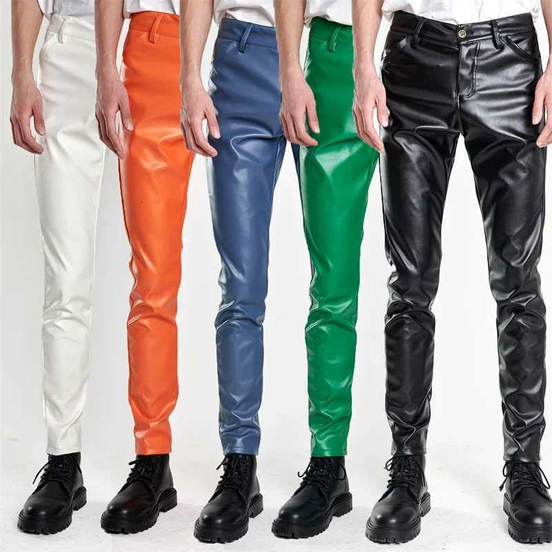 New Men Solid Color Slim Fit Faux Leather Pants Green / White / Black Men Bar KTV High Street Biker Trousers W250819