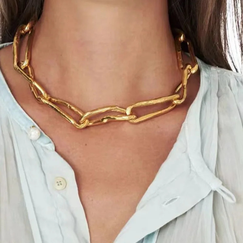 Retro Gold-plated Short Chunky Necklace for Women Big Girls Thick Chain Splicing Metal Choker Jewelry Collares Para Mujer 250815