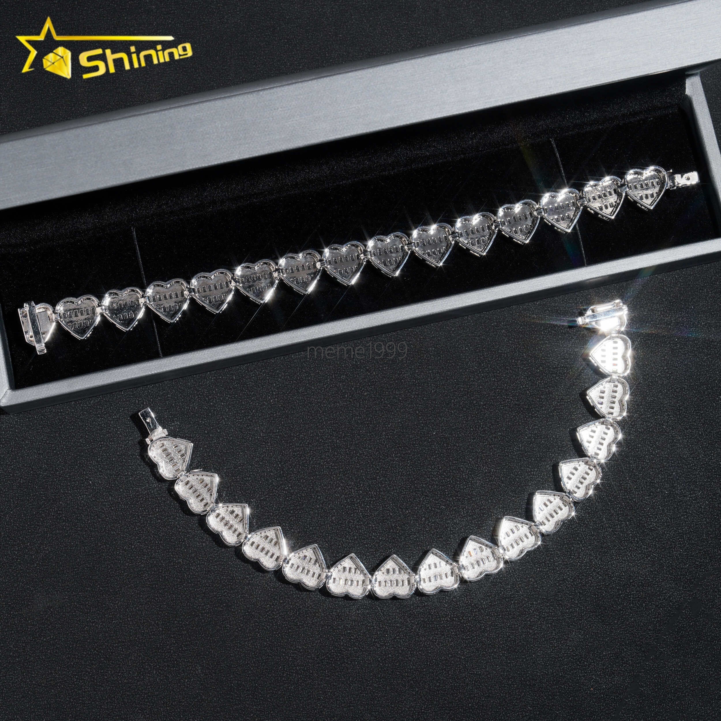 Fashion Design baguette 13mm Heart Bracelet Moissanite Diamond Cuban Link Bracelets