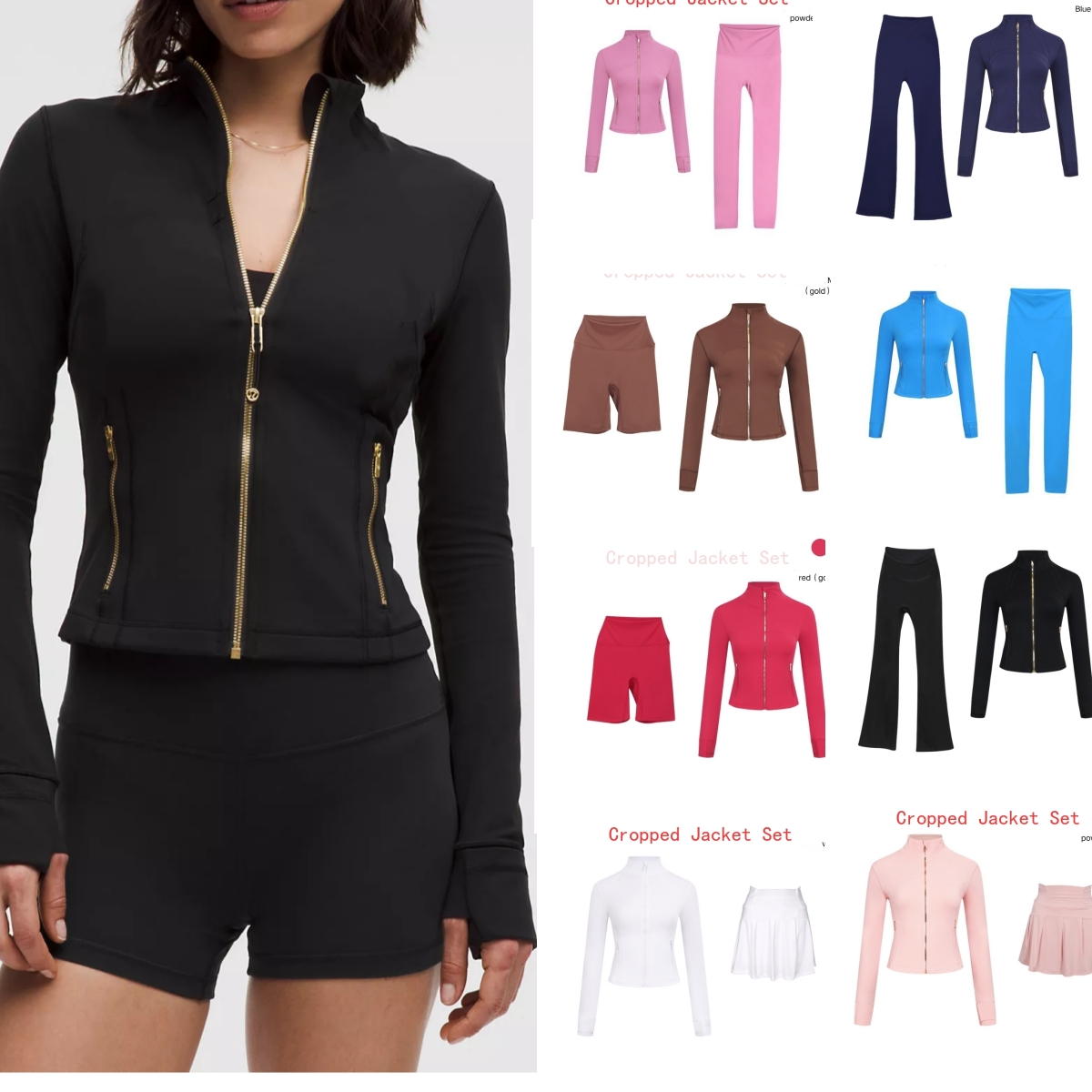 Cropped Jacket Yoga Set Jackets Flare Leggings Workout Set Women Gold zipper Jackets Shorts Skirts Zip Up Coat Elastic Quick Drying and Breathable Gold and Normal Zip