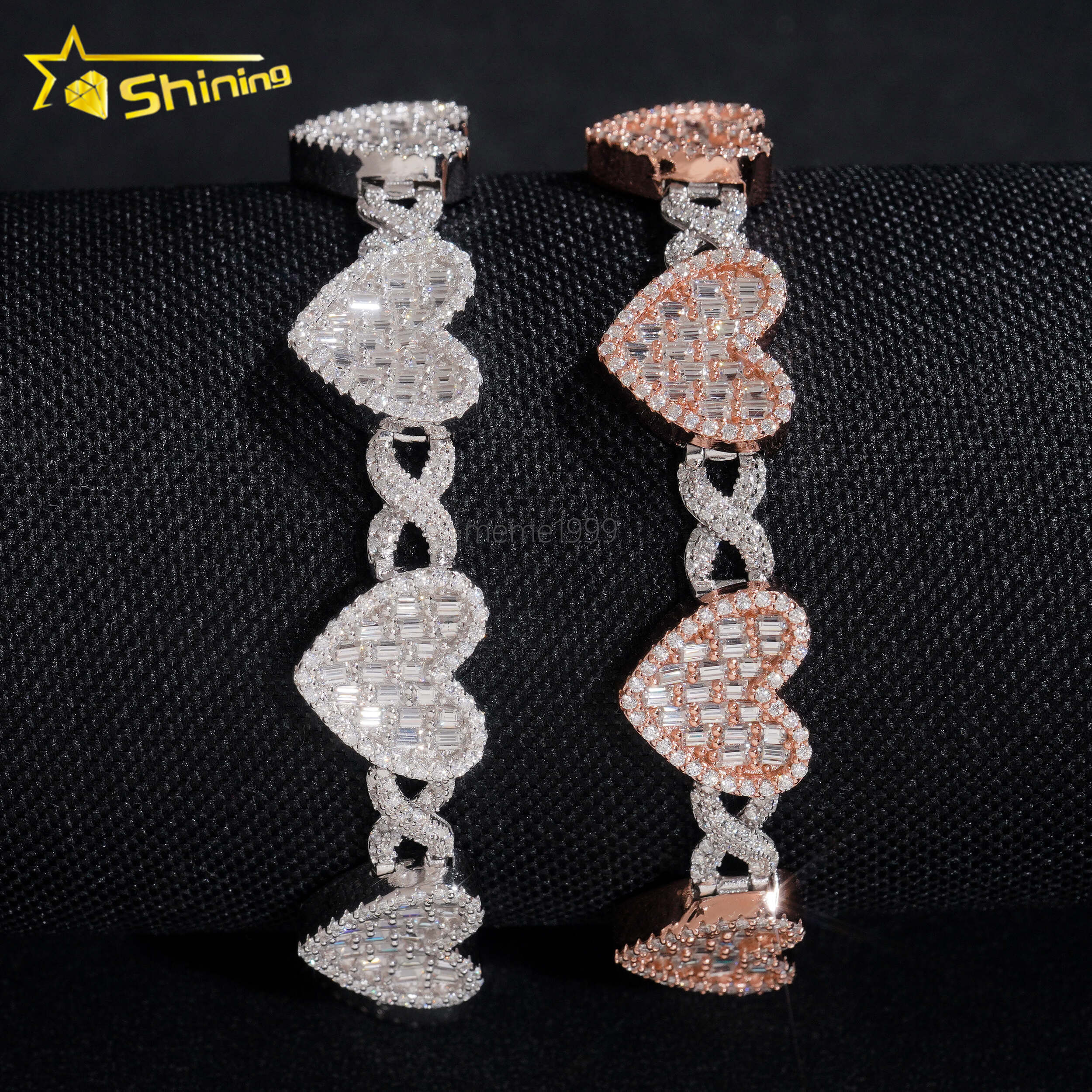 New Popular High Quality Fine Jewelry Sparkle Iced Out Heart 925 Sterling Silver Diamond Moissanite Cuban Link Bracelet