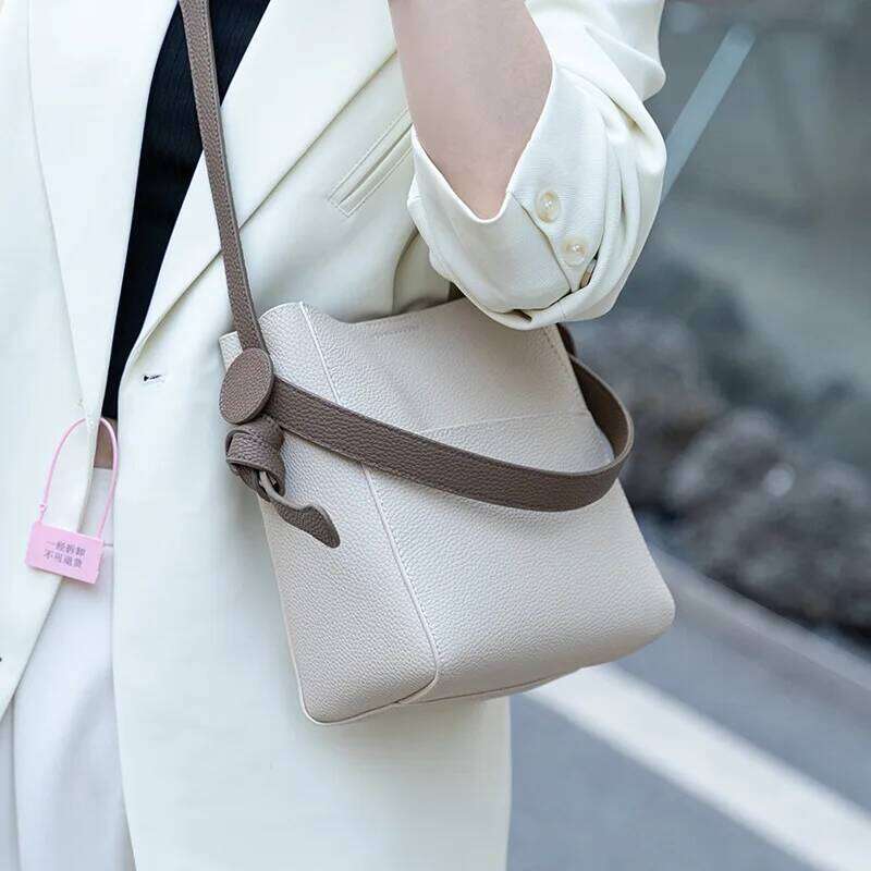 New Hot Sale Adjustable Long Strap Bucket Tote Shoulder Bag Togo Cow Leather Women's Handbag Hit-Color Purses
