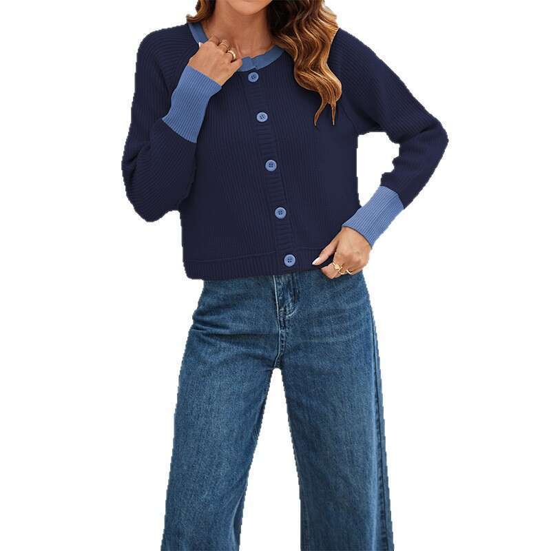 Autumn Winter New Tiktok Round Neck Color Block Fashion Button Contrast Knitted Cardigan Jacket B5
