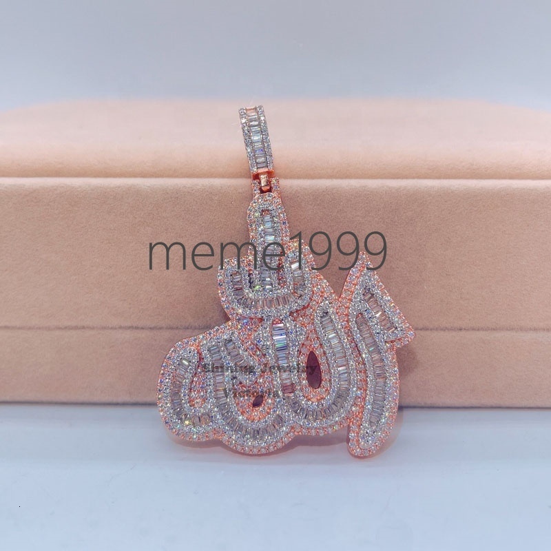 14k Rose Gold Plated Sterling Silver Hip Hop Men Vvs Moissanite Diamond Iced Out Allah Pendant