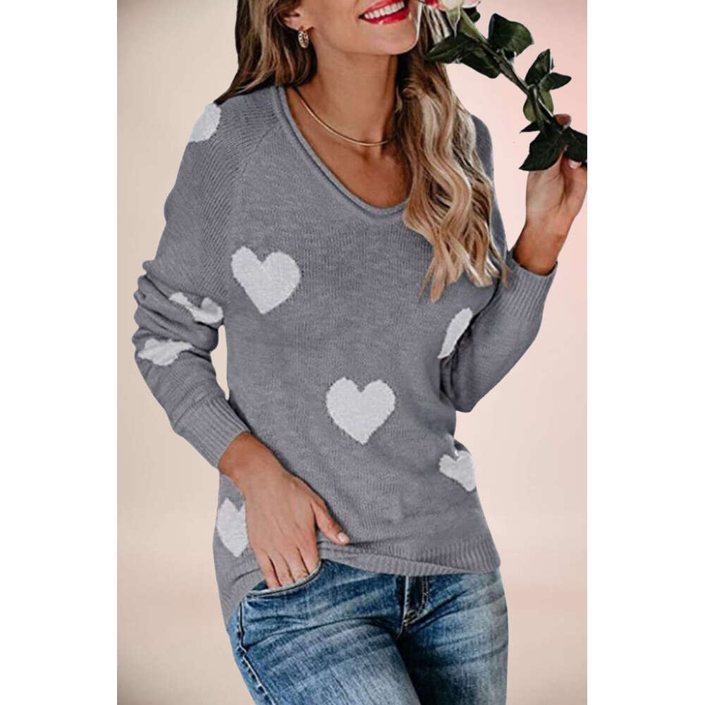 Autumn Winter New Temu Loose Heart Valentine's Day V-Neck Women's Pullover Sweater B5