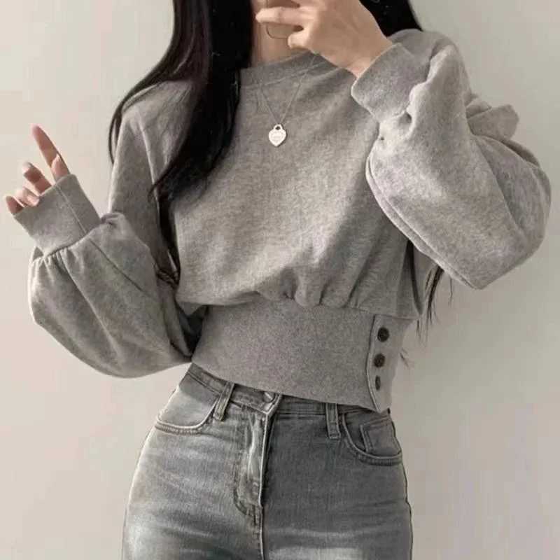 Autumn Women Solid O-Neck Slim Crop Top Lantern Sleeve With Button Sweat Casual Hip-Hop Sporty Pullover Sweet Chic Street Wear XJ250819