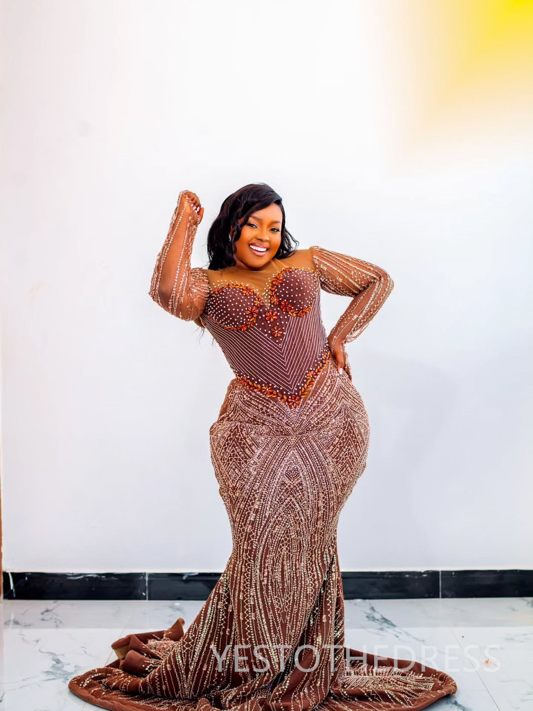 Plus Size Mermaid Prom Dress 2025 Evening Dresses Robe De Sorrie Sheer Neck Beaded Lace Long Sleeves Crystals Birthday Dress Second Reception Gowns AM