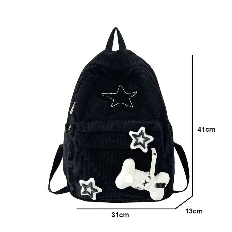 Y2K Girls Star Pattern Laptop Backpack Teen Student Large Capacity School Bookbag Corduroy Rucksack Double Strap Shoulder Bag250813