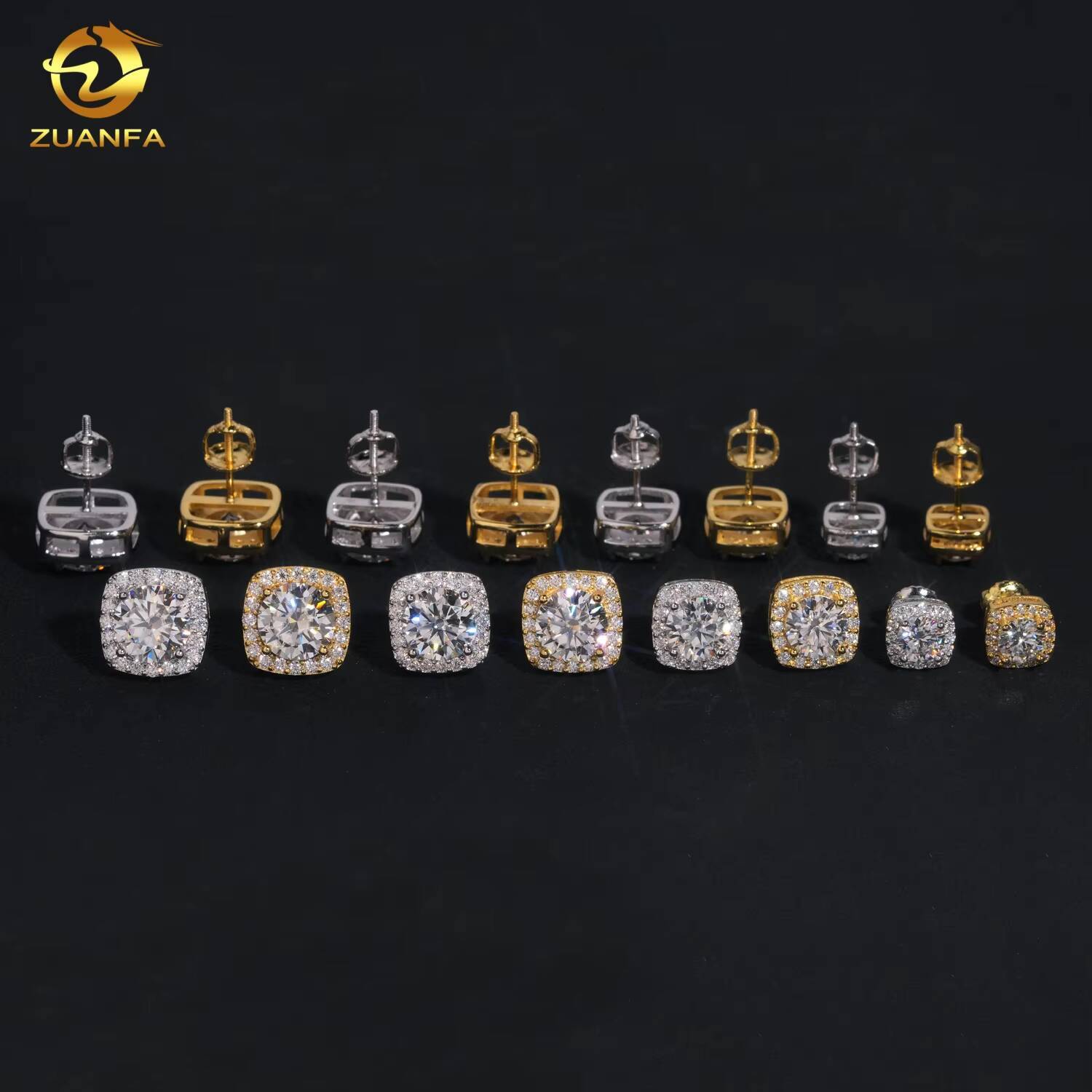 Large Stock Square Halo Design White Gold Plated Prong Set D-VVS Lab Moissanite Diamond Earring Studs