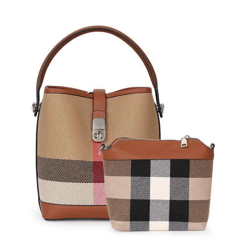 New Canvas Paired With Cowhide Women's Shoulder Crossbody Bag, Fashionable Plaid Pattern Bucket Bag