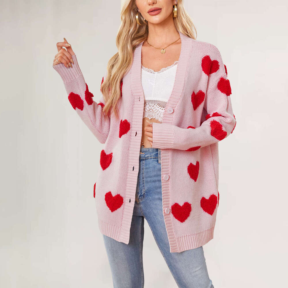 Autumn Winter New Temu Valentine's Day Heart Knitted Mid-Length Coat V-Neck Button Cardigan For Women B5