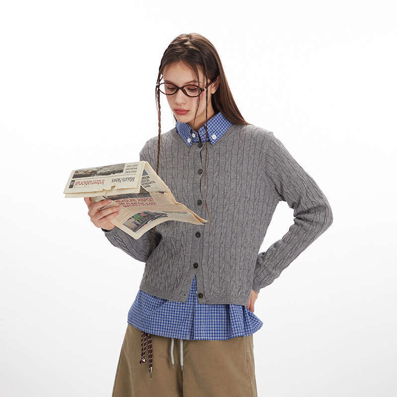 Cable Knit Design Single-Breasted Knitted Cardigan Women's Long Sleeve Coat Casual Soft Sweater B5