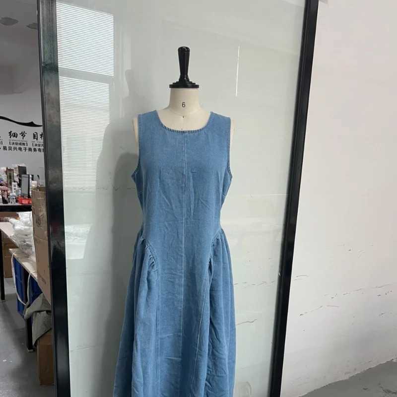 Casual Round Neck Lace Up Backless Denim Dress Sleeveless High Waist Loose Zipper Robe Summer High Street Sexy Solid Clothing M250623