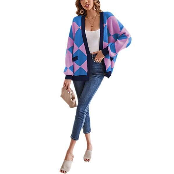 Autumn Winter Coat Sweater New V-Neck Diamond Stitching Color-Blocking Loose Knitted Cardigan For Women B5