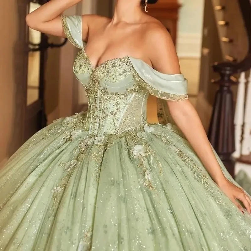 Sage Green Shiny Princess Quinceanera Dresses Off Shoulder Ball Gown Sequin Appliques Lace Beads Tull With Cape Sweet 16 Anos Vestidos De 15 Anos