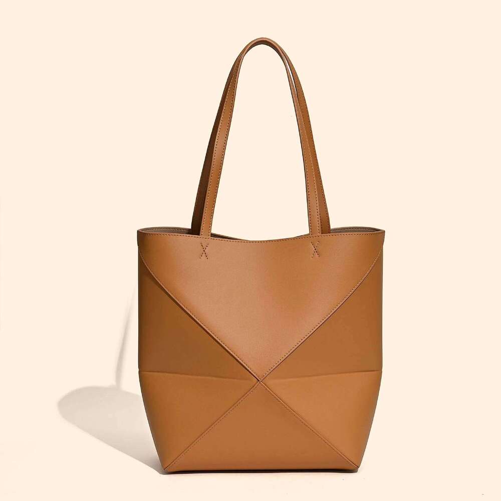 Cowhide Geometric Folding Tote 2025 New Niche Design Genuine Leather Large Capacity Handbag Color Block Women's Shoulder Bag