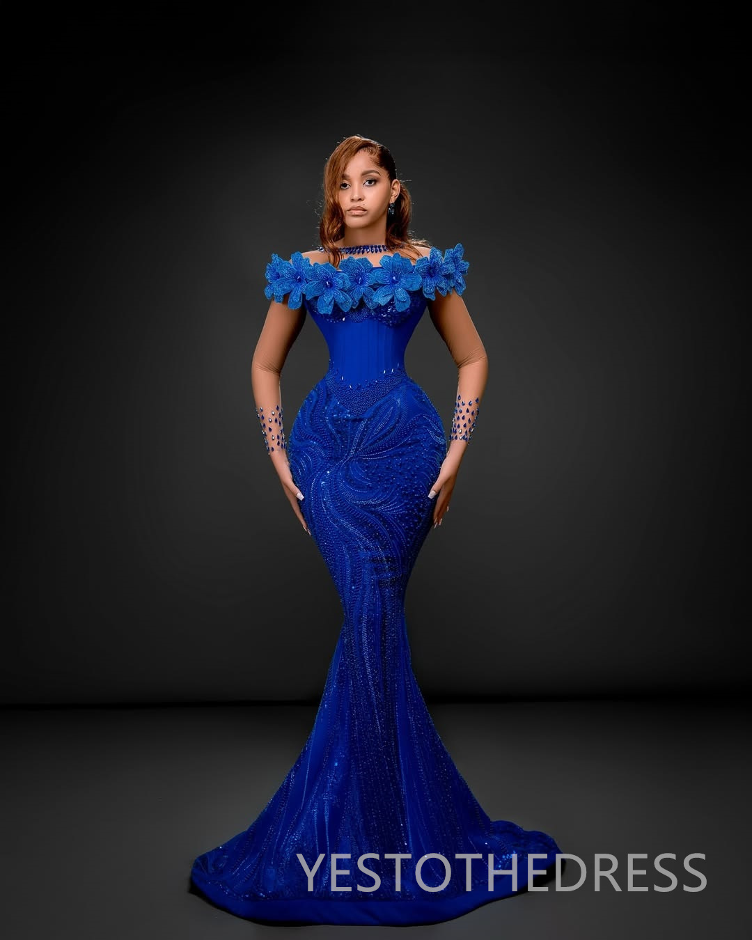 Aso Ebi Royal Blue Mermaid Prom Dress 2025 Evening Dresses Robe De Sorrie Sheer Neck Illusion Beaded Lace Flora Birthday Dress Second Reception Gowns 