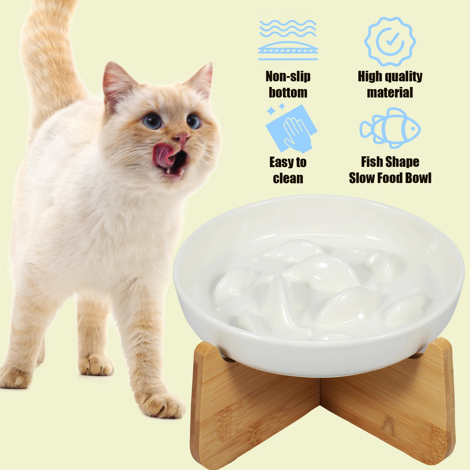 Raised Cat Bowl Elevated Cat Bowls with Wood Stand Ceramic Slow Feeder Bowl Cat Feeding Bowl Anti Vomiting Cat Food Bowl Non-Sli 250813