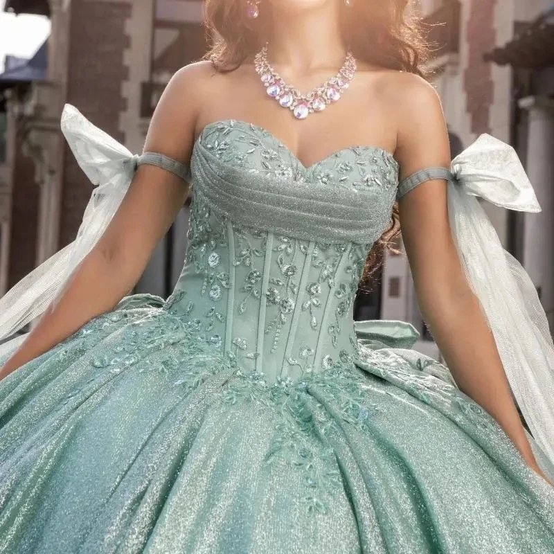 Light Green Shiny Quinceanera Dresses Off The Shoulder Sequin Applique Lace Beads Tull Ball Gown Vestidos De 15 Anos Sweet 16 Dress