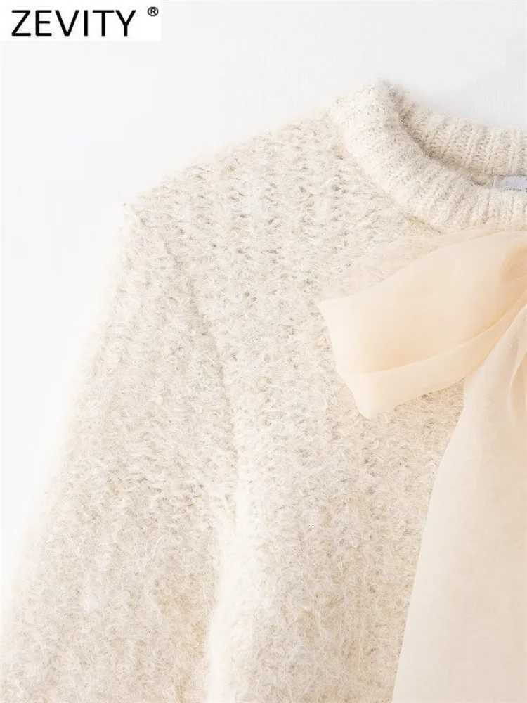2023 New Women Fashion Transparent Organza Bow Tied Design Knitting Sweater Fe Chic Half Sleeve Pullovers Coat Tops SW7335XJ250819