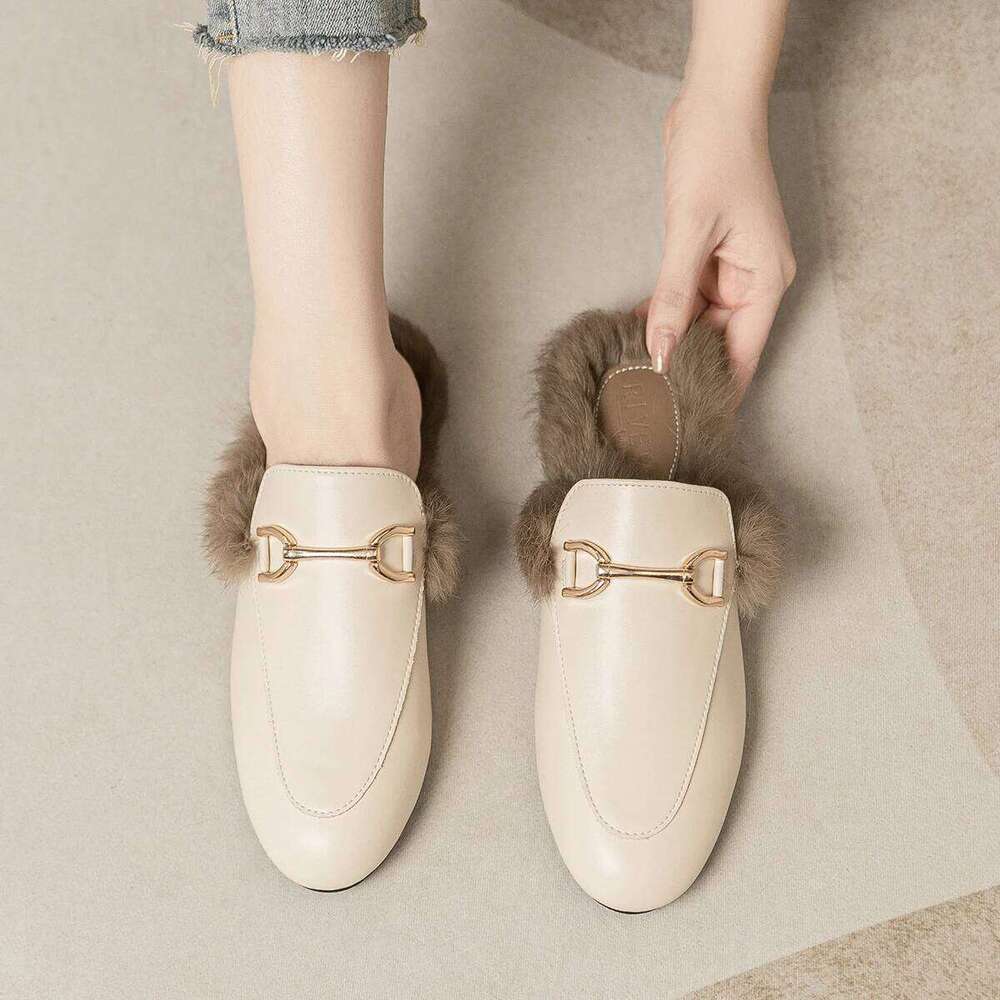 2023 Winter Women's Plush Outdoor Slippers Mules Metal British Style Genuine Fur Rabbit Flats Ladies Casual Shoes
