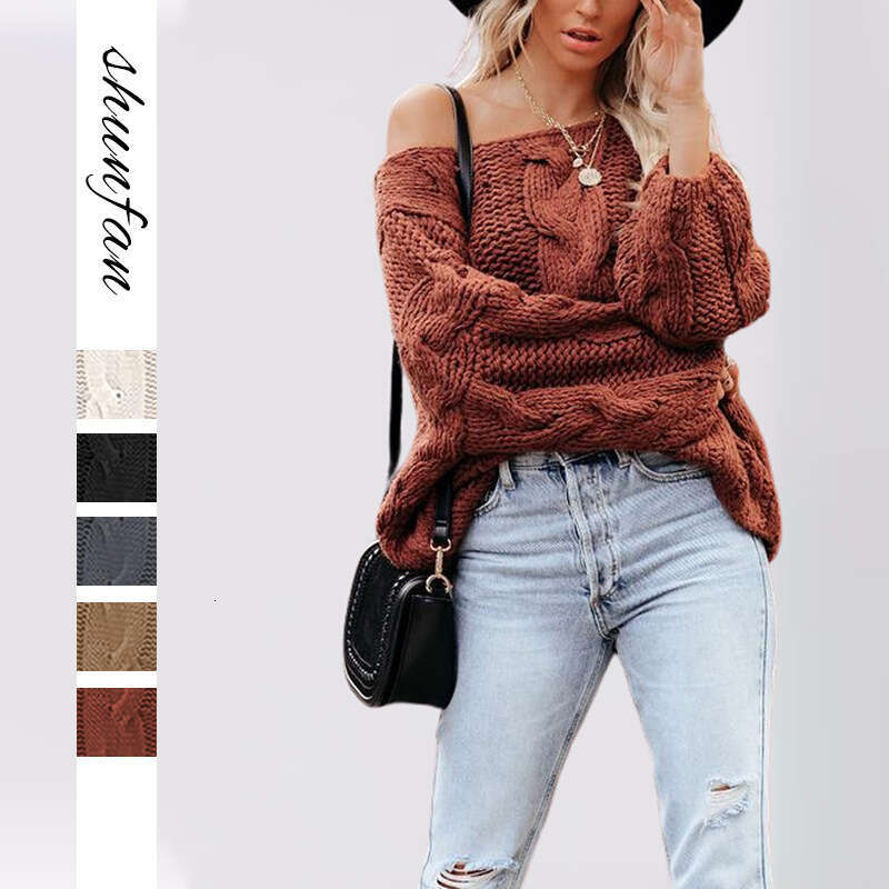Autumn And Winter New Women's Street Style Off-Shoulder Cable Knit Pullover Loose Knitted Sweater B5