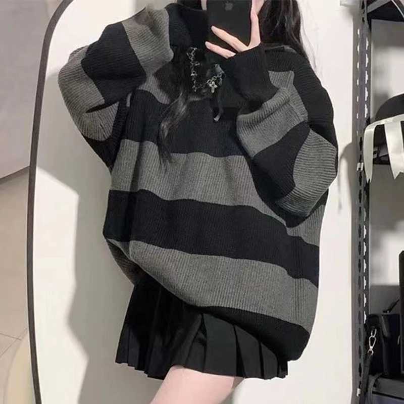 Gidyq Women Knitted Sweatshirt Korean Fashion Stripe Fe Loose Long Sleeve Sweater Casual Streetwear Jumper Autumn New XJ250819