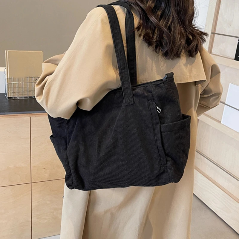 Women Corduroy Tote Bag Casual Multi Pocket Handbag Adjustable Strap Crossbody Sling Bag Zipper Shoulder Bag Fall Winter Bag 250814