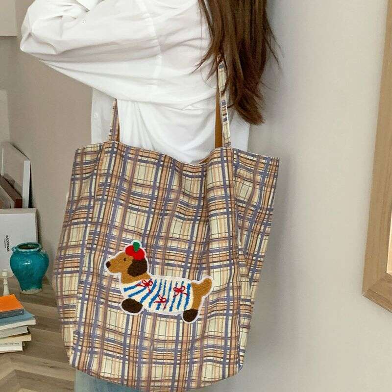 Small Dog Plaid Handbag 2025 Spring New Large Capacity Underarm Shoulder Casual Hundred Reversible Canvas Women's Bag