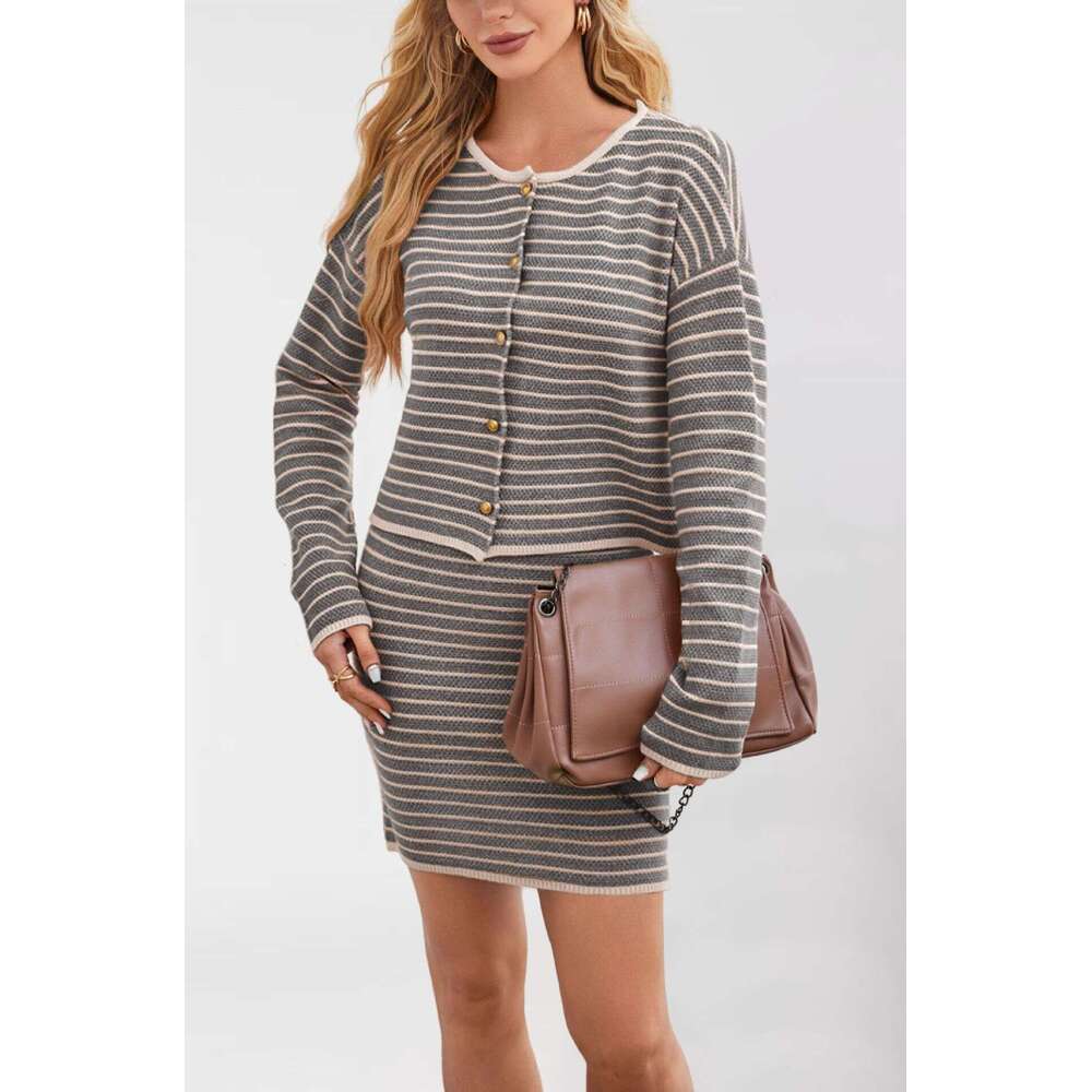 Autumn Winter New Knitted Striped Button Fashion Suit Dress Women's Clothing B5
